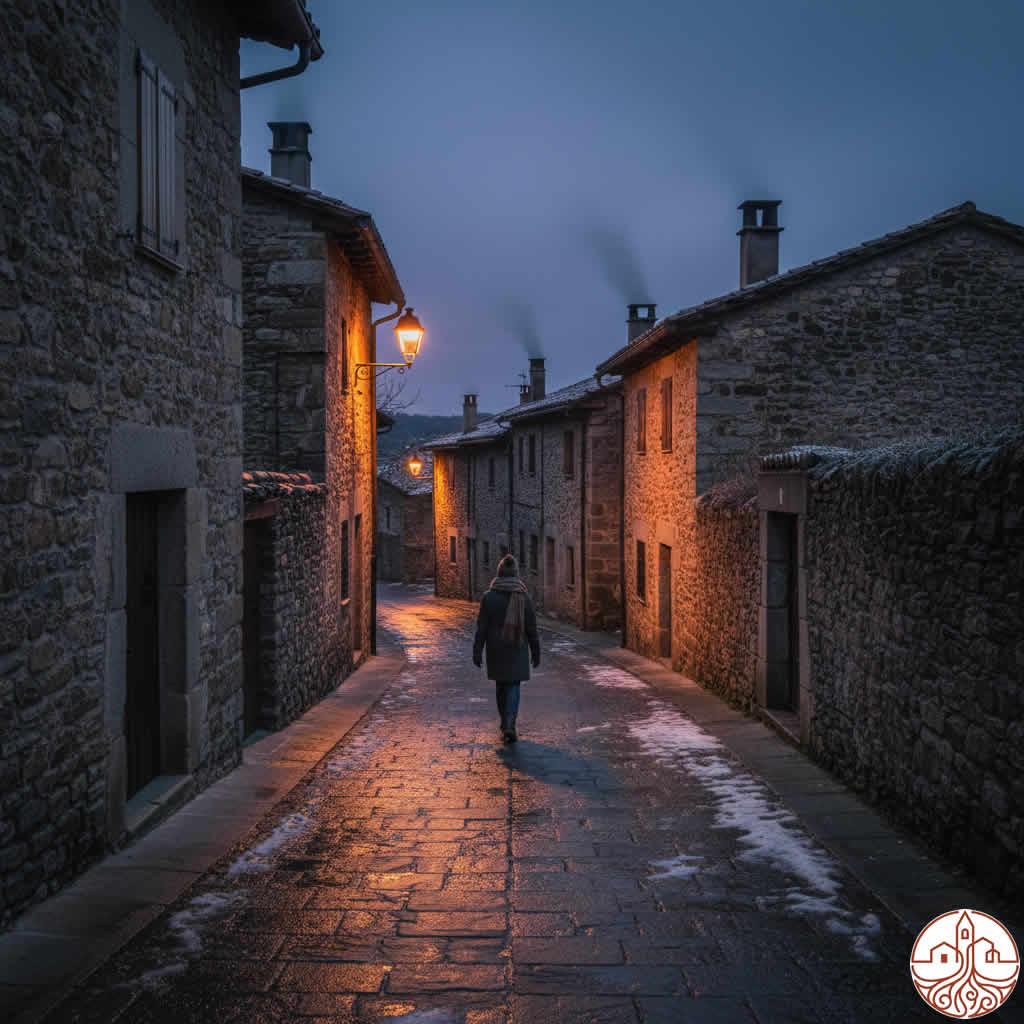 pueblo invierno con persona paseando