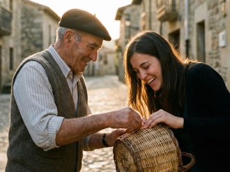 señor enseñando una cesta a una joven en un pueblo medium