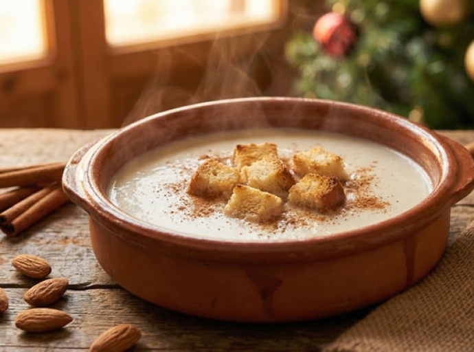 Cuenco de barro sobre una mesa de madera rústica con una sopa de almendras con picatostes y al lado algunas almendras sueltas y palos de canela, al fondo se vislumbra una ventana y un árbol de navidad decorado