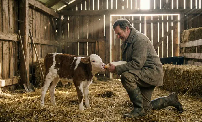 granjero dando leche a un ternero