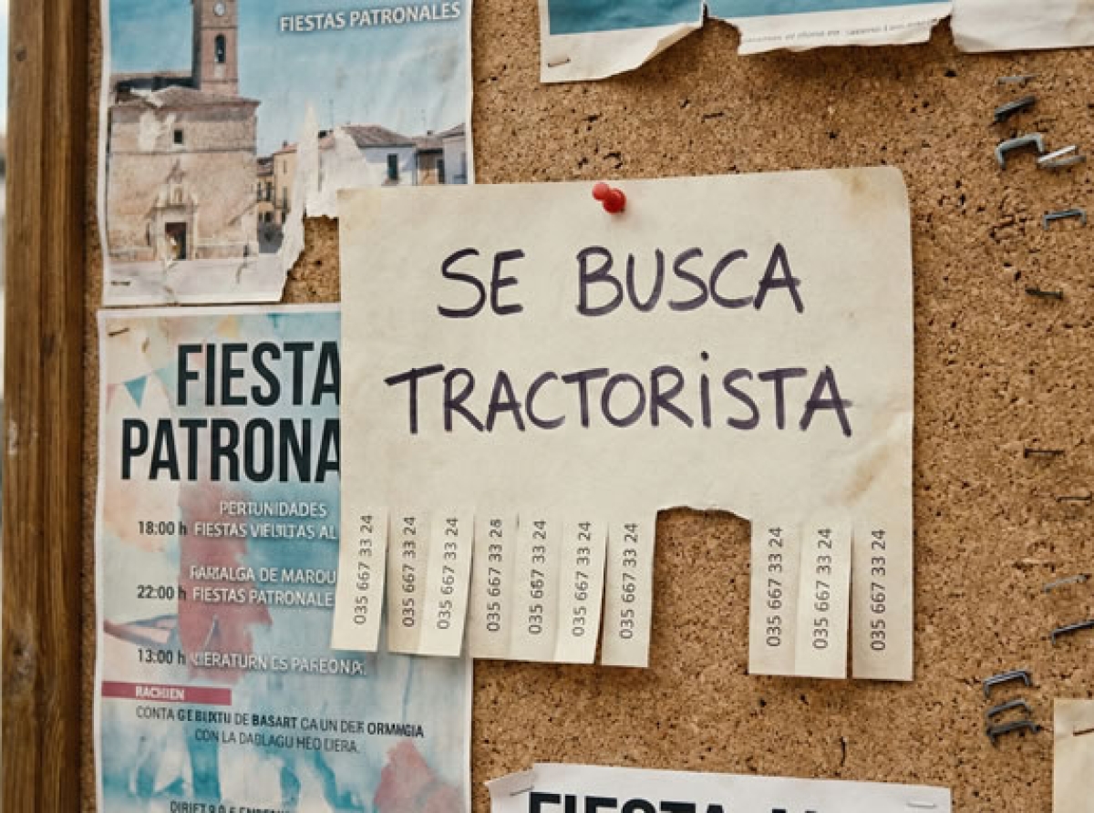 Tablón de anuncios en un pueblo con oferta de trabajo para un tractorista