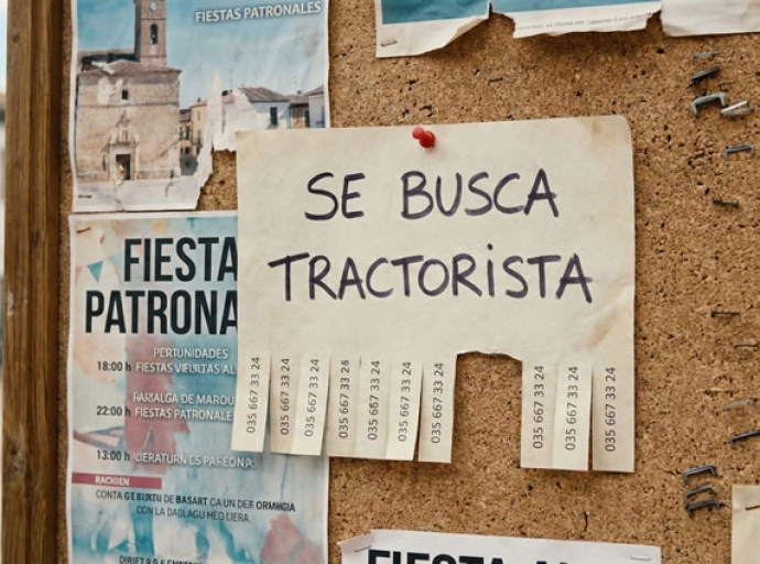 Tablón de anuncios en un pueblo con oferta de trabajo para un tractorista