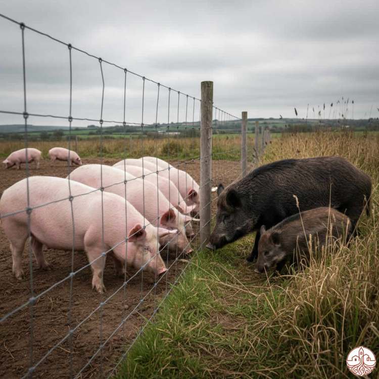 Cerdos blancos frente a unos jabalies en el campo donde los separa una valla ganadera