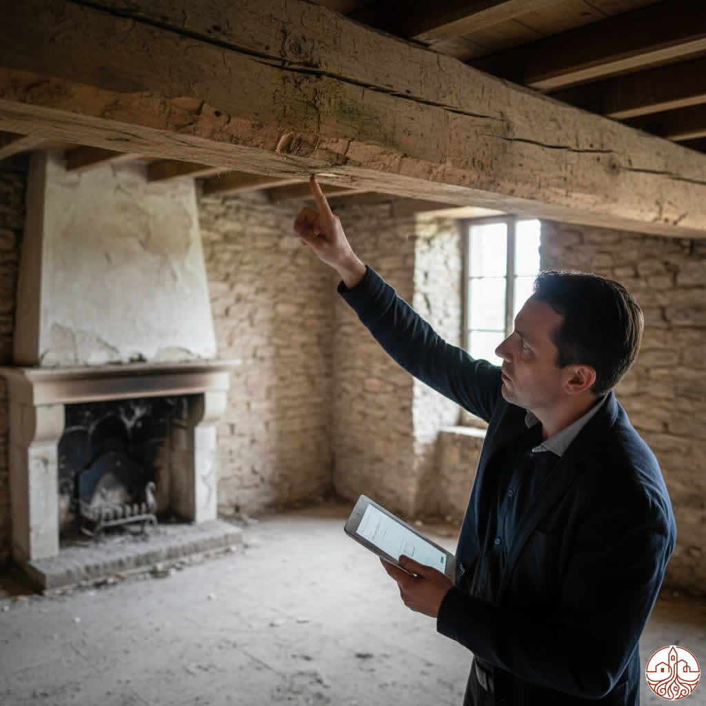 analizando las vigas de madera en casa de pueblo
