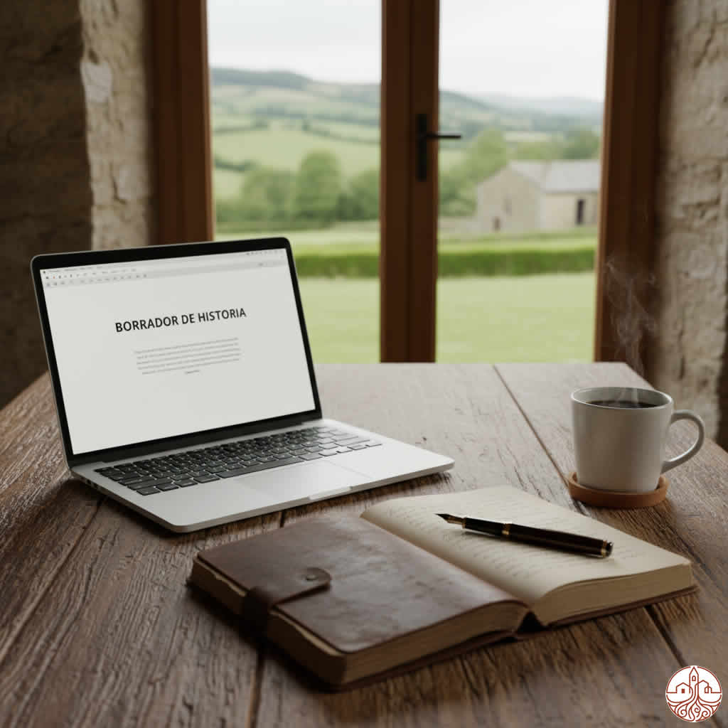 Cuaderno de notas y portatil con un principio de historía para escribir