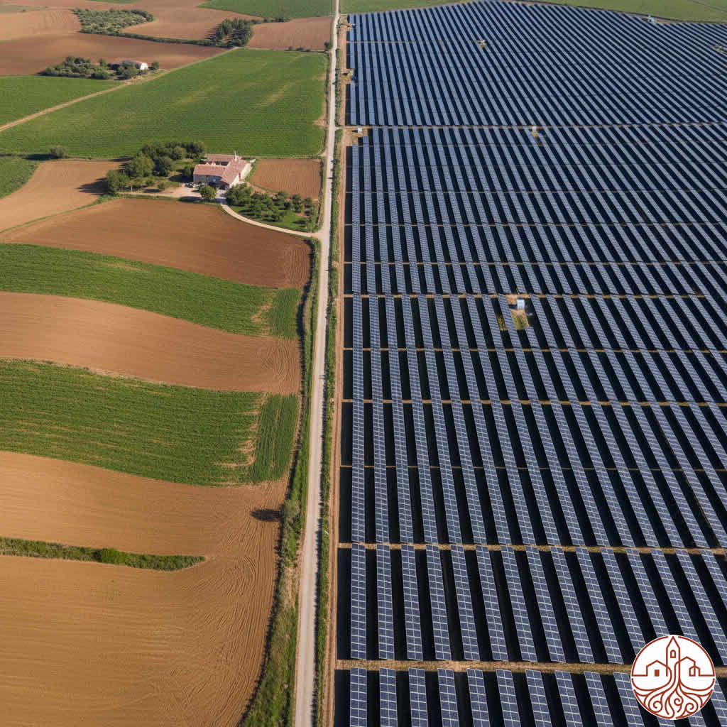 planta de energía solar al lado de campos de cultivo