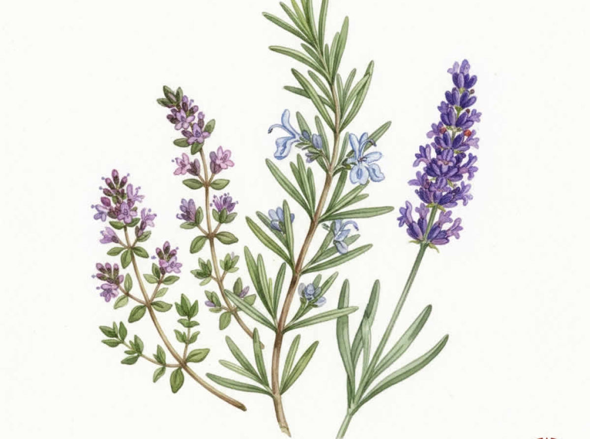Ilustración de tres ramas de aromáticas: tomillo, romero y lavanda