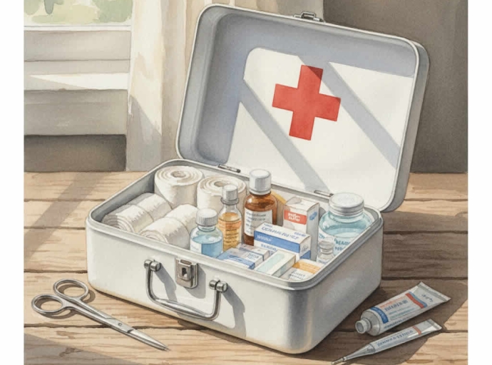 mesa de madera rústica con medicinas y un botiquín