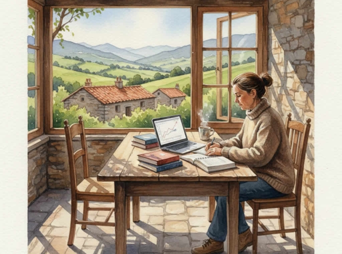 Chica estudiando online en la terraza de su casa en el pueblo