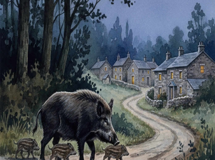 Piara de jabalíes cruzando un camino al lado de un pueblo por la noche