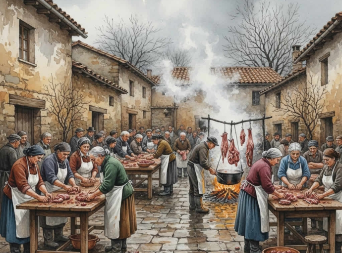 Todo el pueblo haciendo la matanza