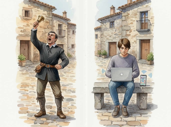 En la plaza de un pueblo, el pregonero de pueblo a la izquierda, a la derecha un chaval escribiendo en su blog