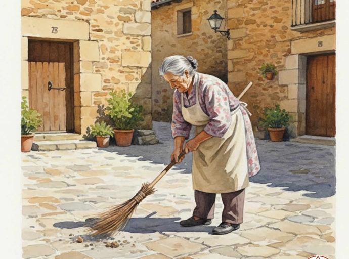 Señora en la plaza del pueblo barriendo
