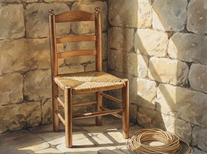 silla antigua de madera con asiento de enea