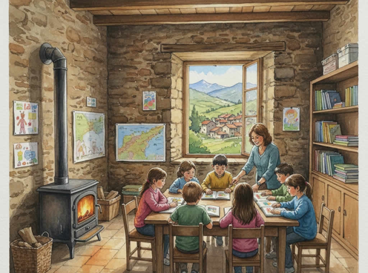 grupo de niños y niñas en un aula de escuela rural