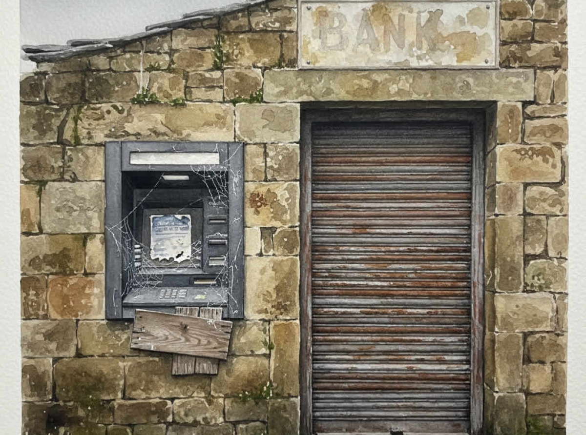 Puerta de establecimiento bancario rural cerrado donde se ve que han arrancado el cajero