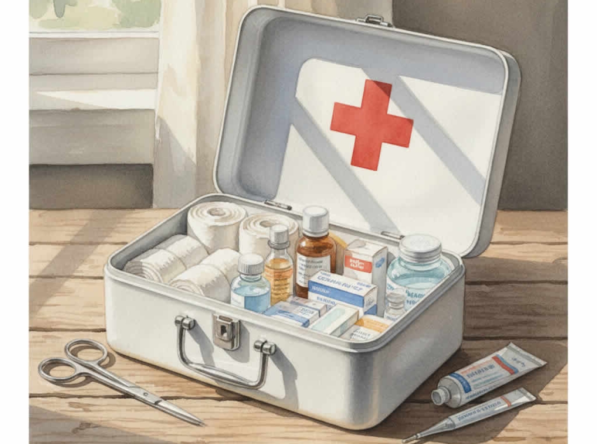 mesa de madera rústica con medicinas y un botiquín