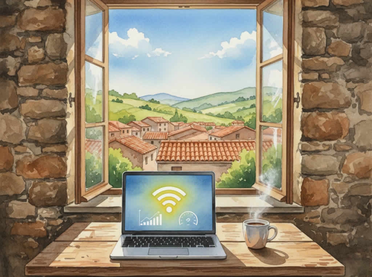 Ordenador sobre una mesa de madera rustica con un test midiendo velocidad , ventana montañas al fondo