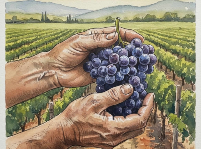 manos trabajadas con un racimo de uvas con un fondo de vides