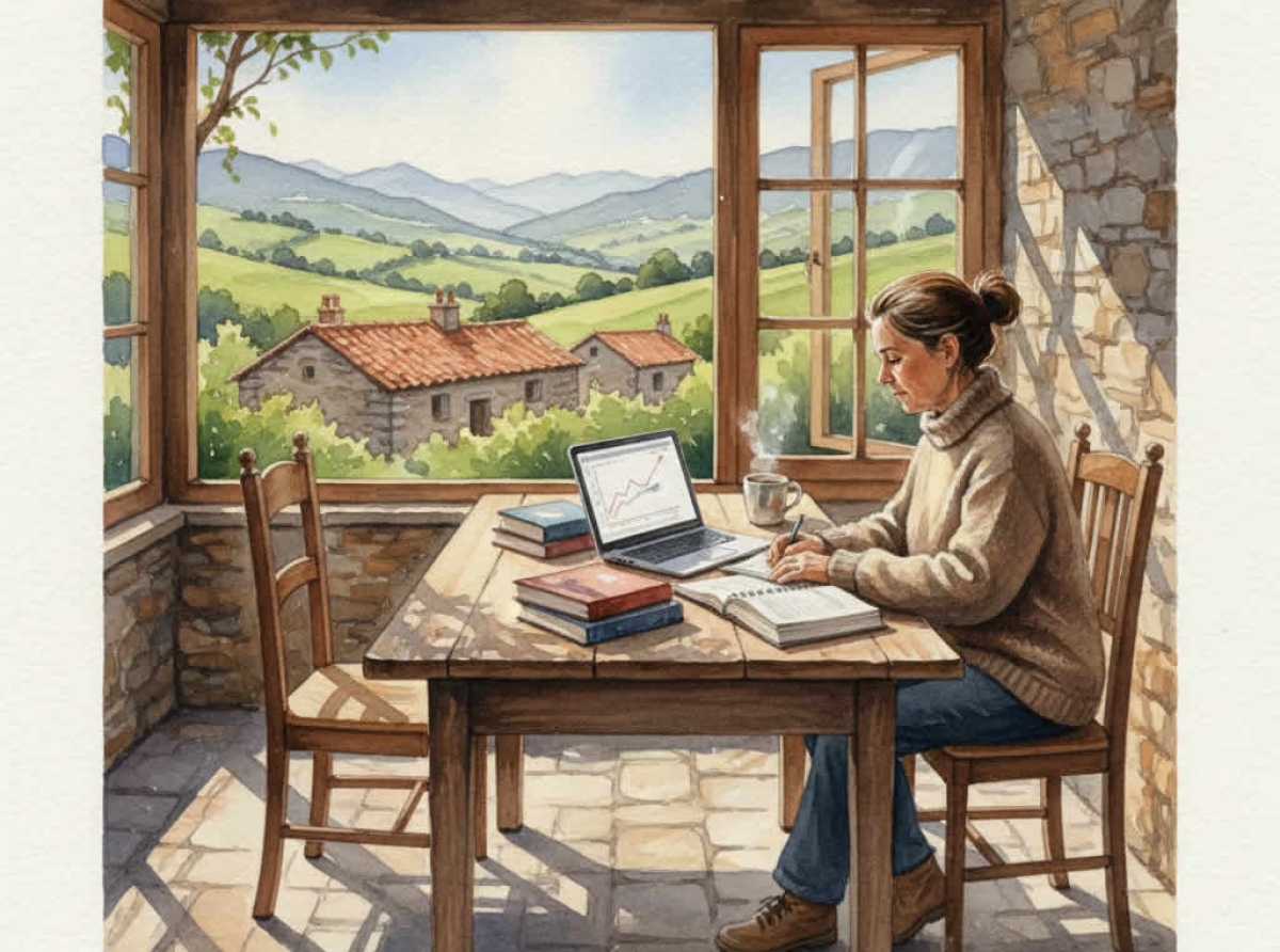 Chica estudiando online en la terraza de su casa en el pueblo