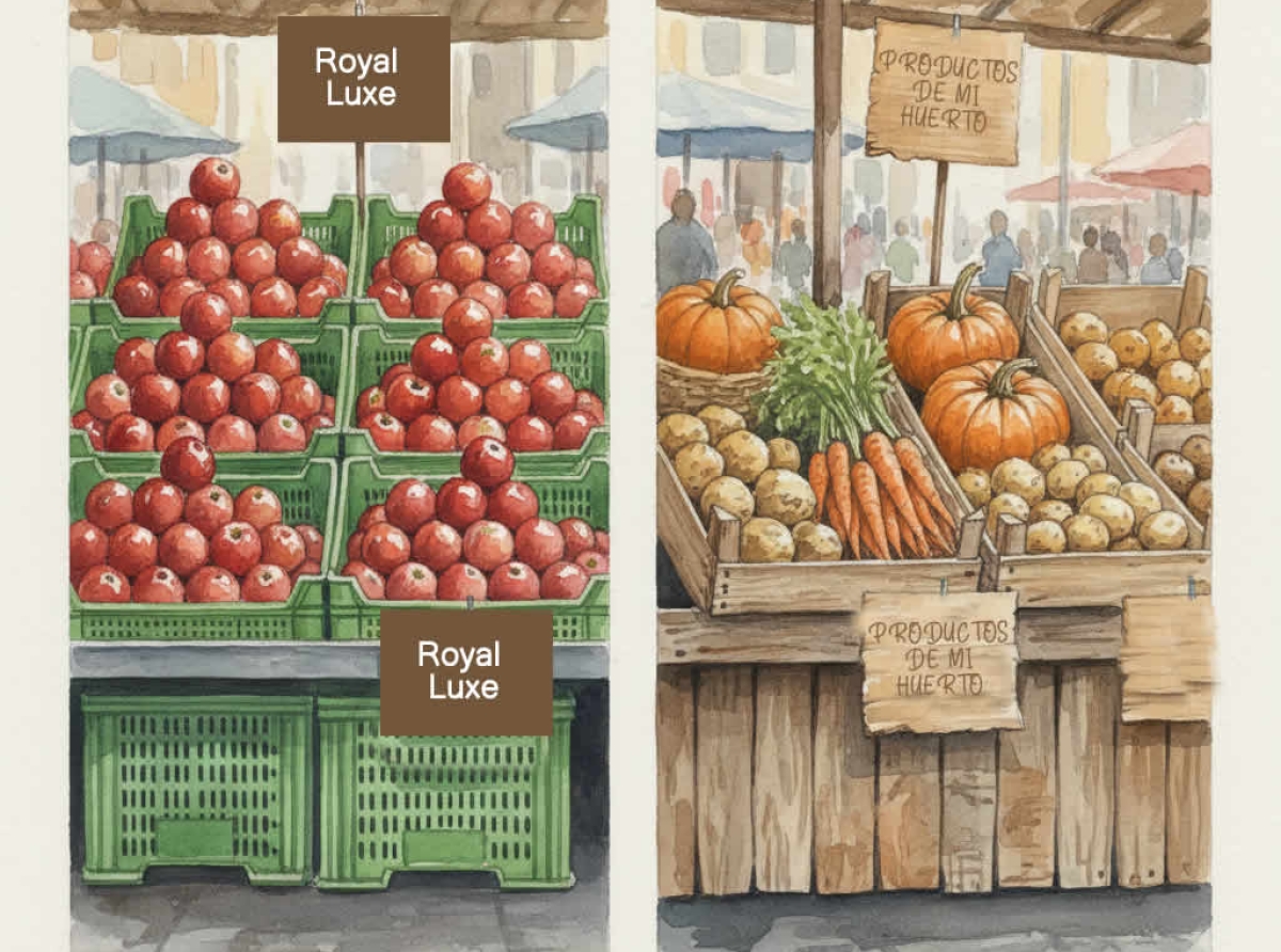 puestos de fruta y verdura, uno con genero industrial y el otro con genero ecológico