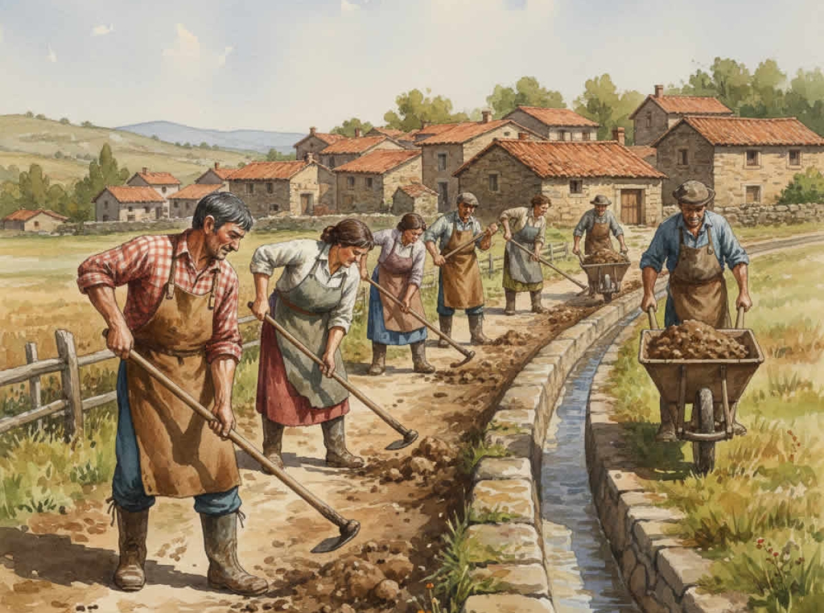 Grupo de vecinos y vecinas en un día soleado de hacendera haciendo trabajo comunitario arreglando un camino del pueblo