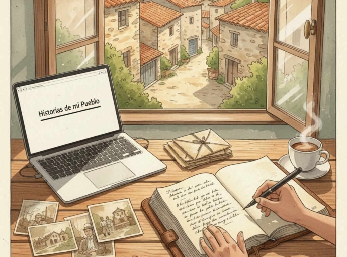 escritorio frente a una ventana donde se ve una calle de un pueblo