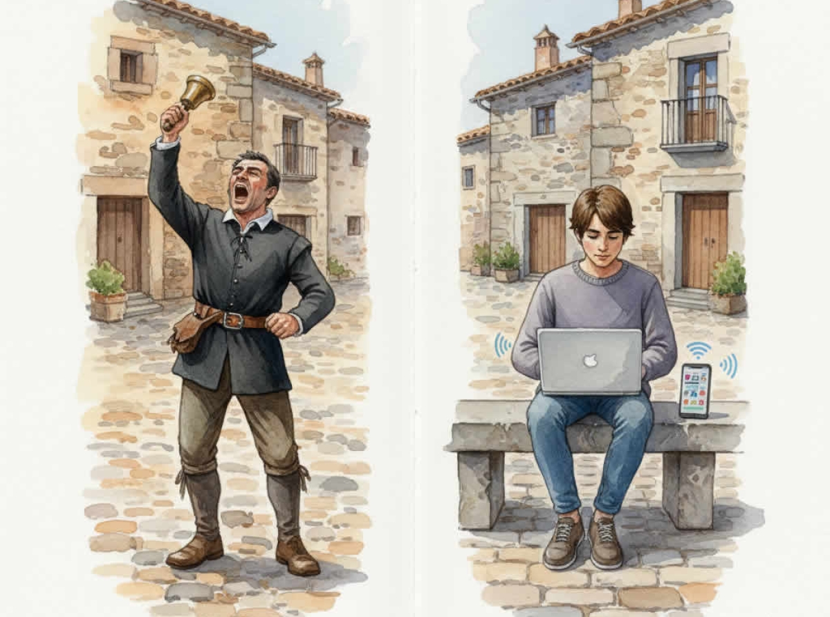 En la plaza de un pueblo, el pregonero de pueblo a la izquierda, a la derecha un chaval escribiendo en su blog