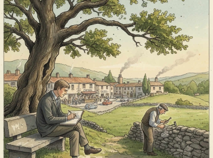 Hombre sentado en un banco en el pueblo tomando notas mientras un paisano arregla un muro de piedra