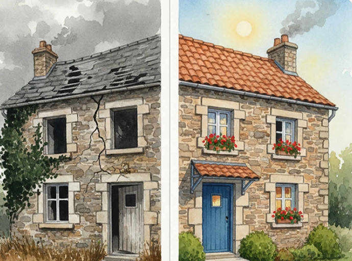 Casa en ruina a la izquierda, al lado derecho la misma casa restaurada