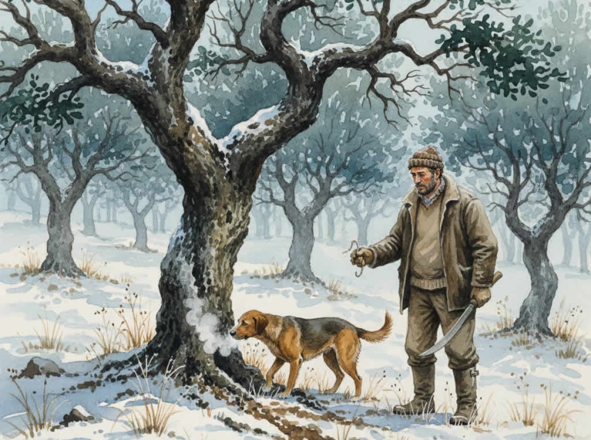 perro y señor buscando trufas en el carrascal