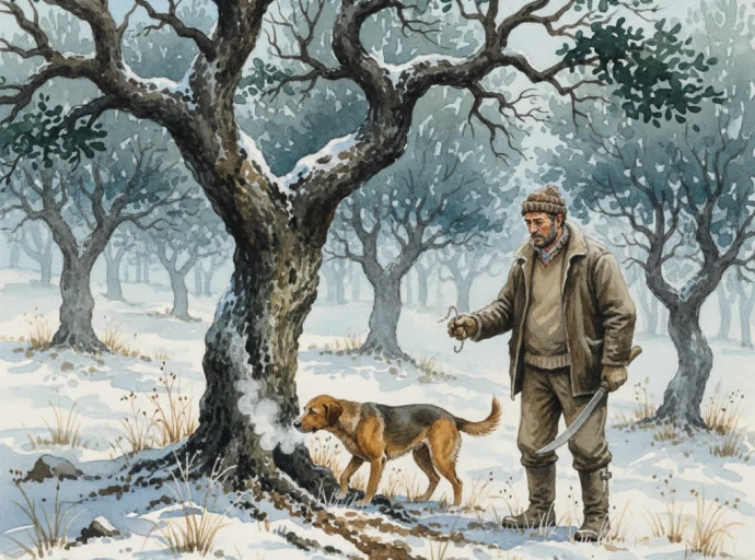 perro y señor buscando trufas en el carrascal