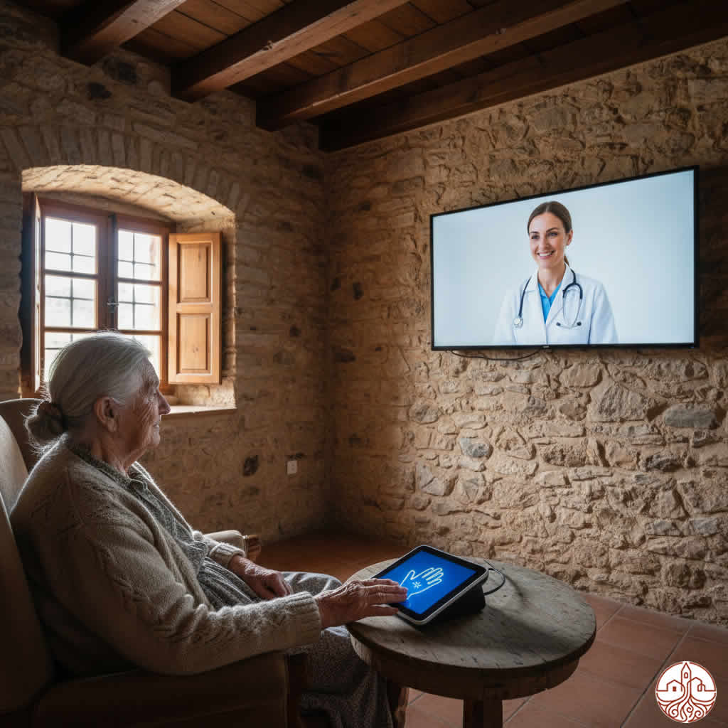 Anciano usando una pantalla gigante de salud con reconocimiento facial en un pueblo