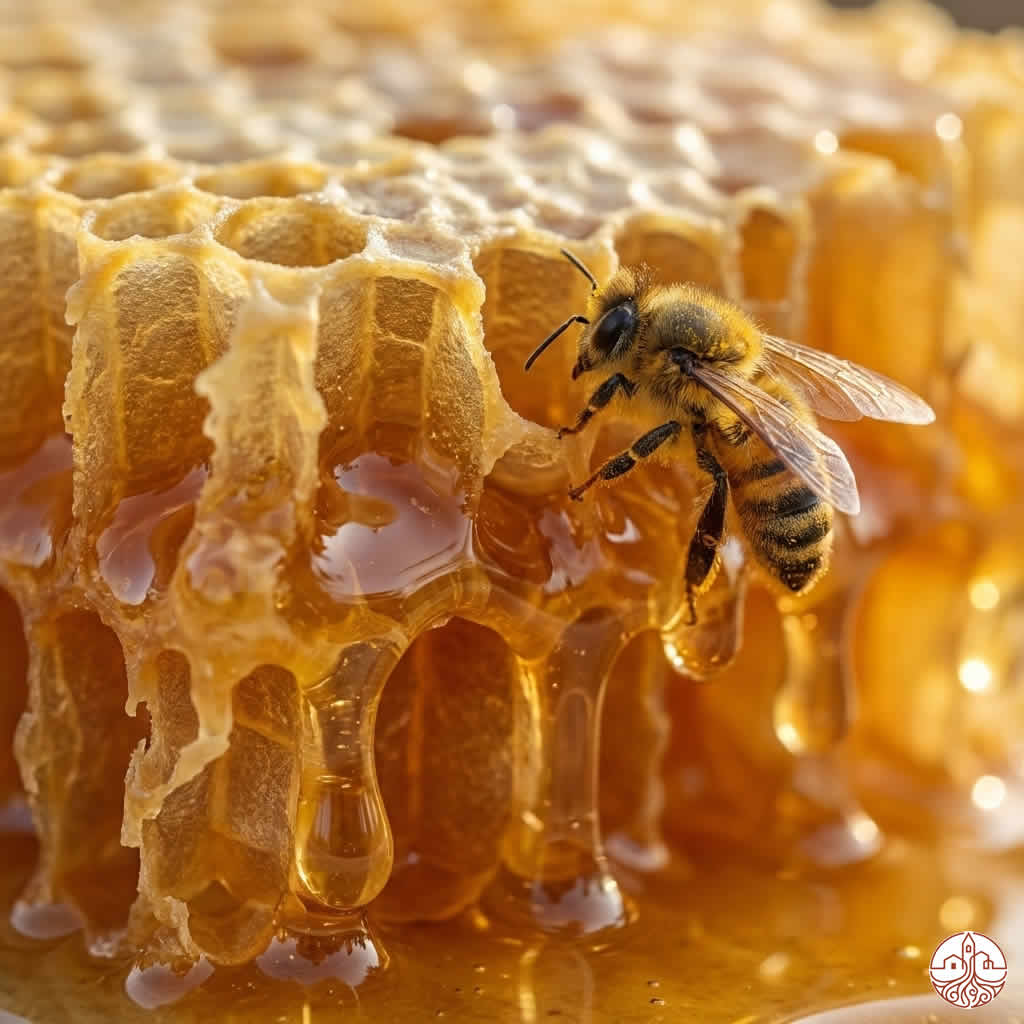 Cuchara de madera con miel cruda densa y cristalizada sobre un panal