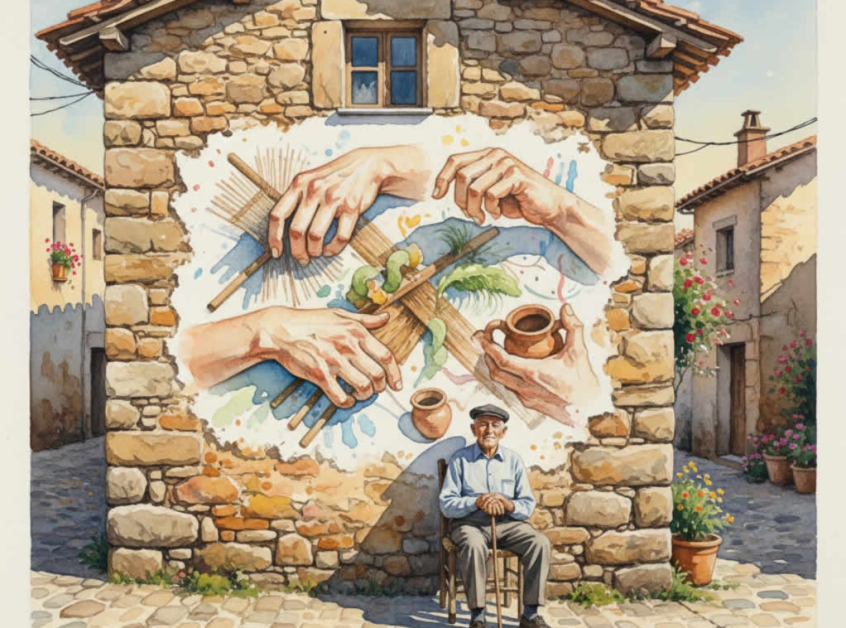 Señor sentado en un pueblo al lado de una pared con un graffiti hecho en pared de piedra