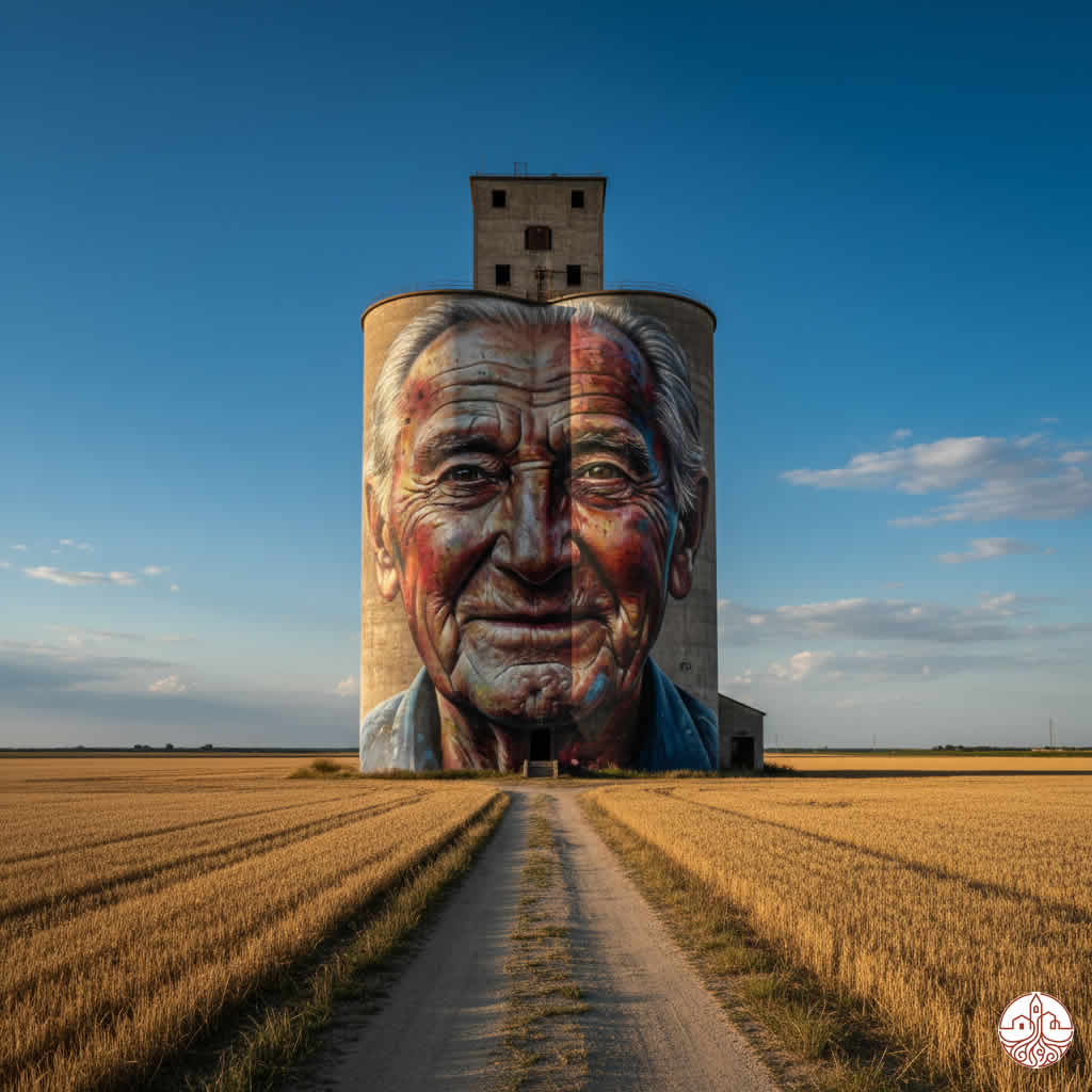 Mural gigante en un silo agrícola en un pueblo de España