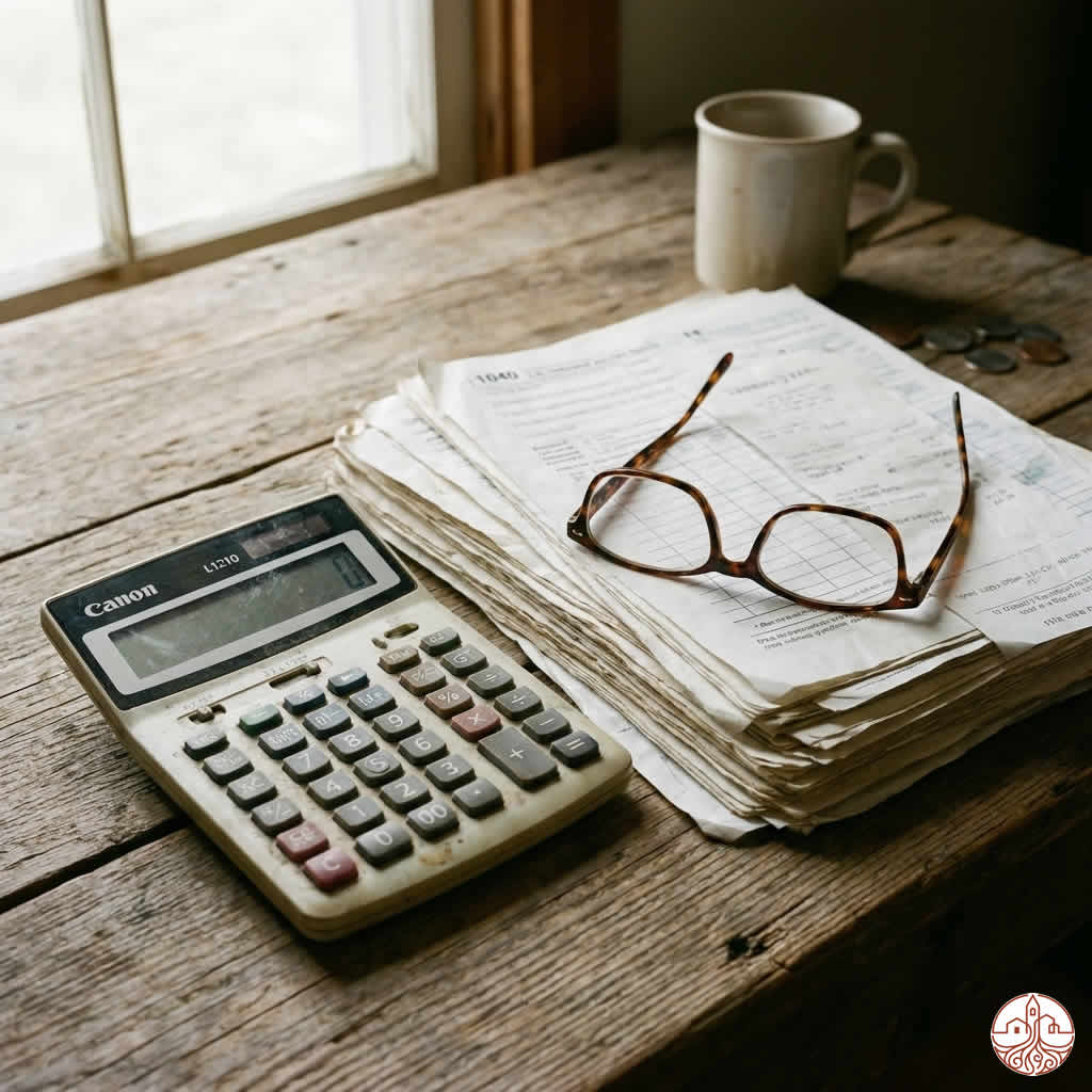 Libro de cuentas antiguo y monedas sobre una mesa de madera rústica