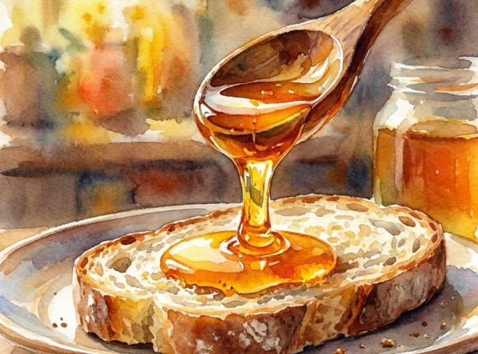 cuchara de madera vertiendo miel pura sobre pan casero