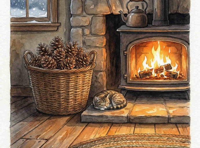 Lumbre baja con el cesto de piñas al lado y un gato durmiendo