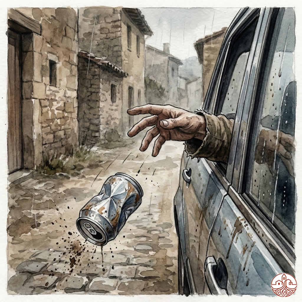 Coche pasando a gran velocidad por una calle estrecha de pueblo levantando polvo, estilo acuarela dramática