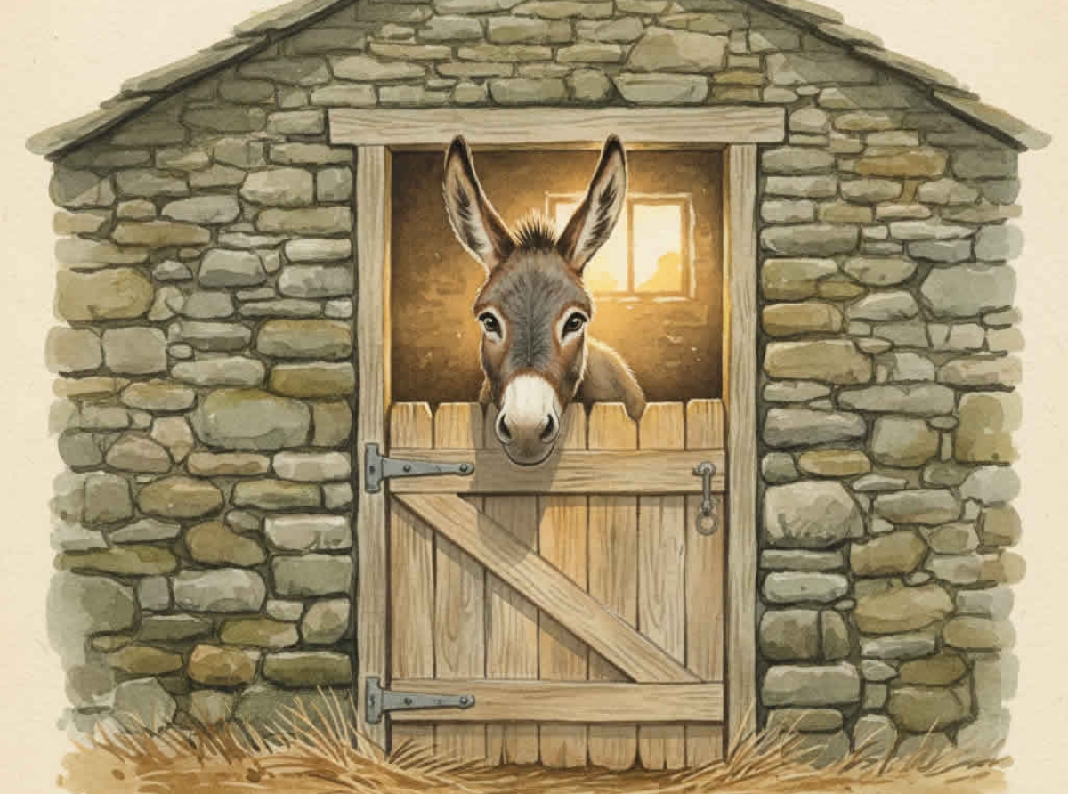 Burro asomando la cabeza en un establo