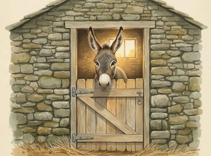 Burro asomando la cabeza en un establo