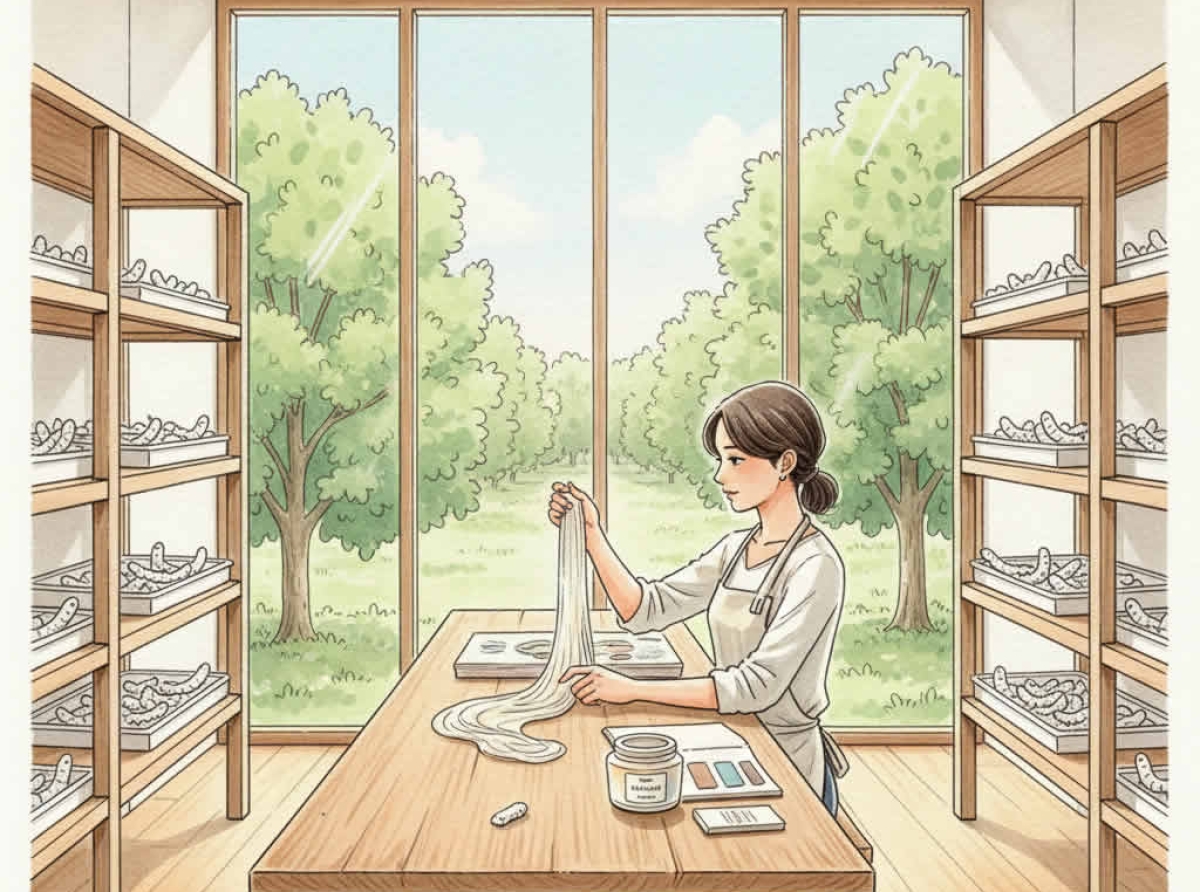 Chica seleccionando madejas de seda