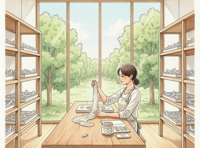 Chica seleccionando madejas de seda