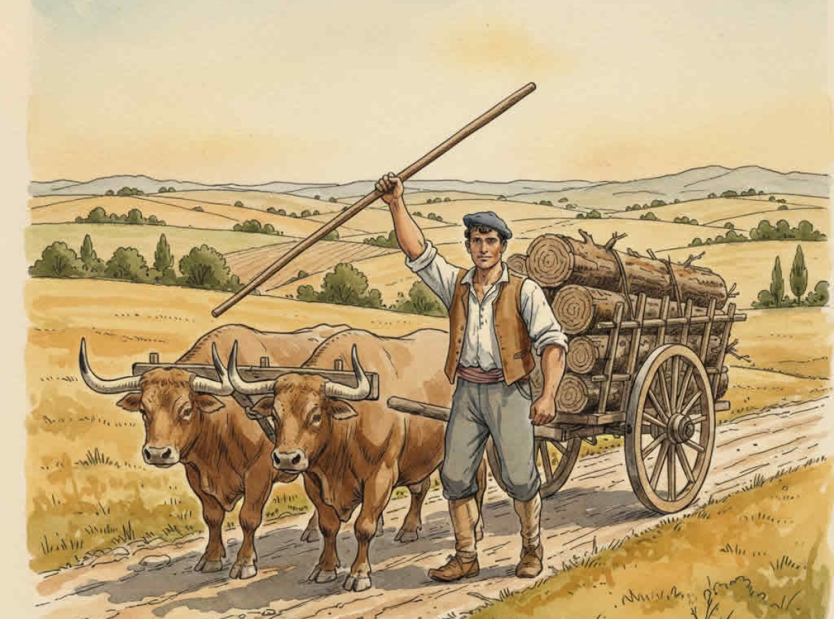 Carretero con su carro y sus bueyes