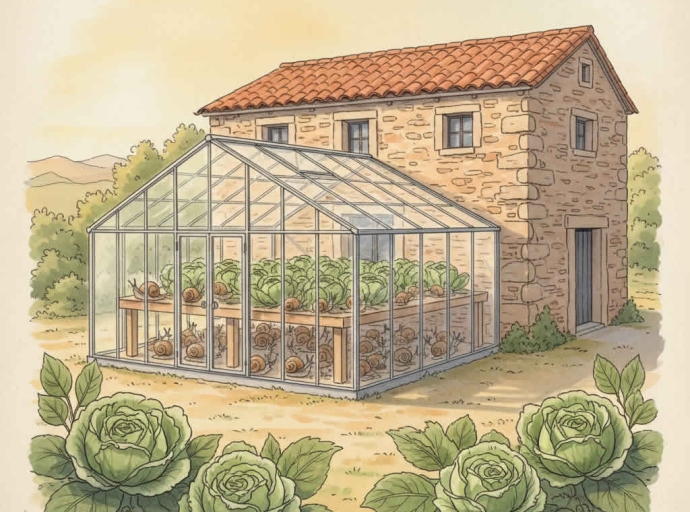 Invernadero criadero de caracoles  adosado a casa de piedra