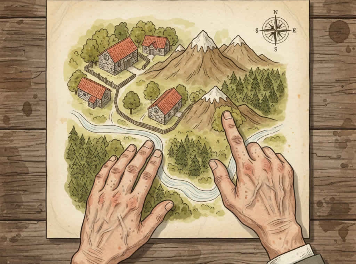 Paisano indicando lugar en el mapa