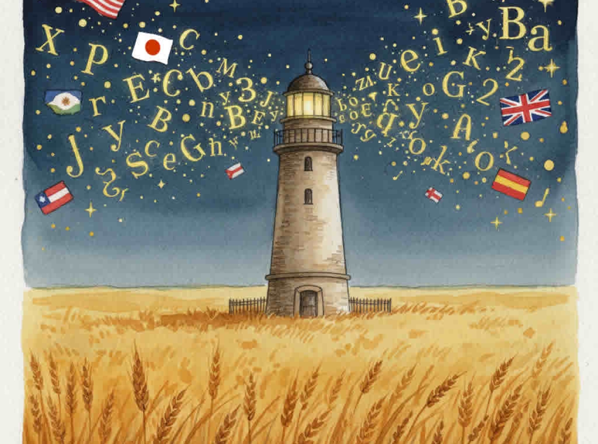 Faro en medio de un trigal con banderas y letras. El faro de los idiomas