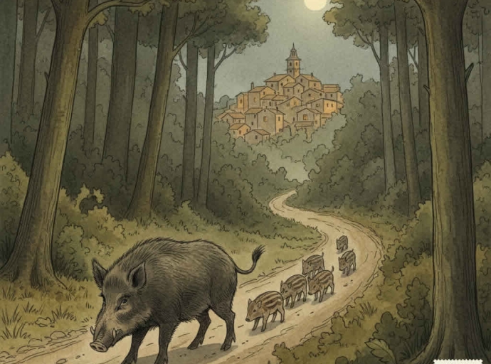 Piara de jabalíes cruzando un camino al lado de un pueblo por la noche