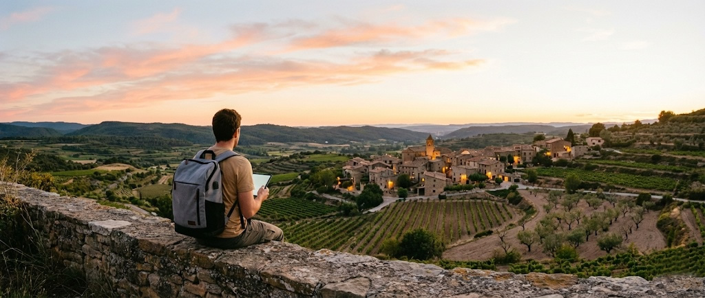 chico mirando pueblo al atardecer